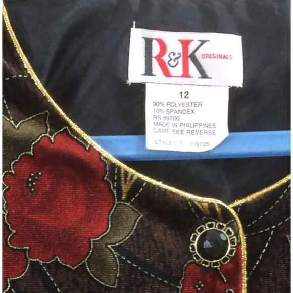 Vintage 90s R&K Originals Velvet Floral Jacket Red Gold Jeweled Buttons Size 12 - Picture 2 of 4